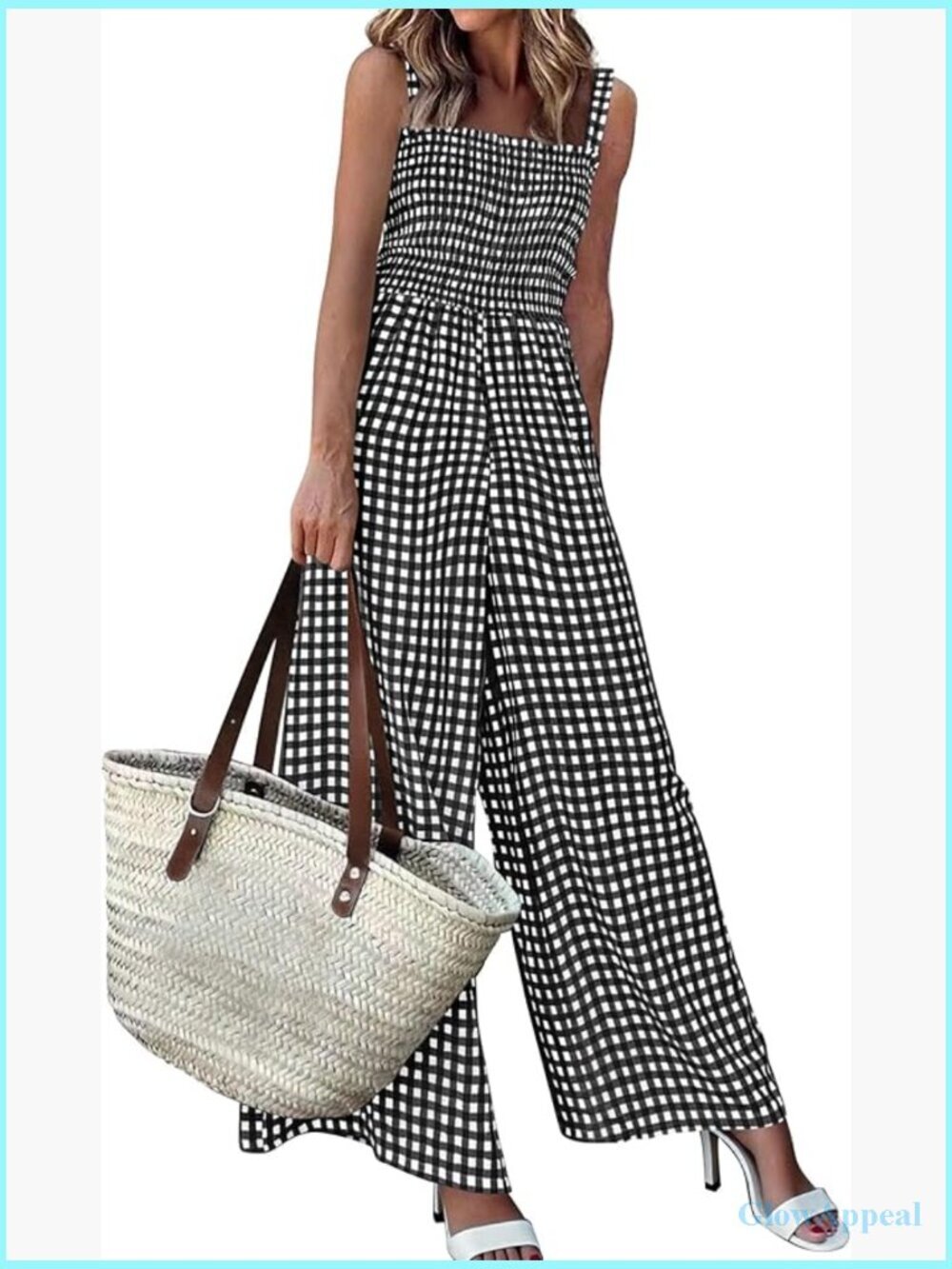 Smocked Wide Leg Gingham Romper Jumpsuit Sleeveless Square Neck